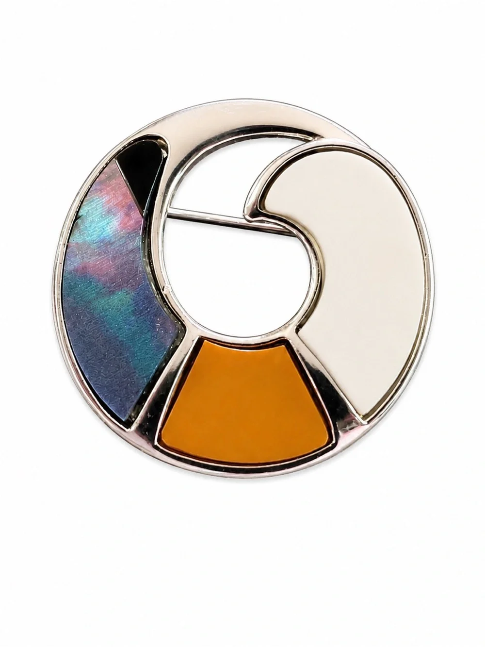 New‎ Modern Geometric Enamel Brooch Pin – Gray Iridescent, Ivory & Amber Orange